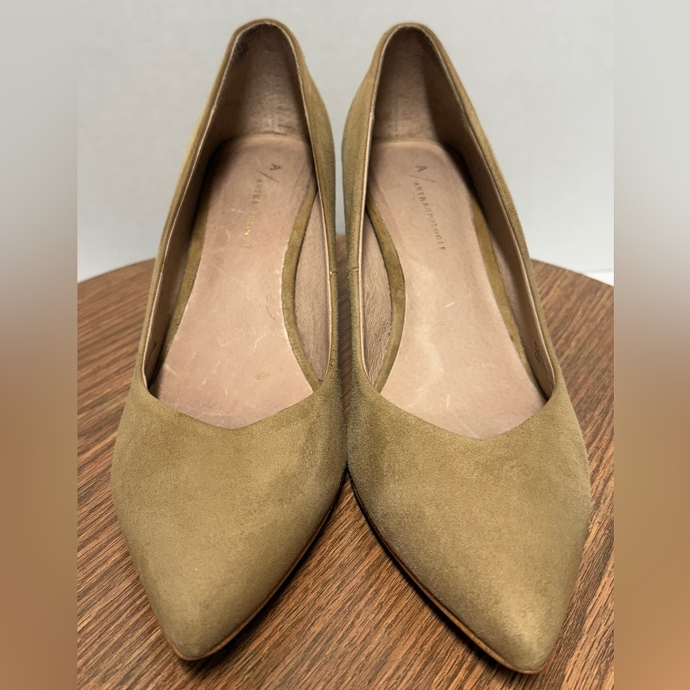 Anthropologie Women Suede Camel Pointed Toe Checkerboard Wood Block Heel-11